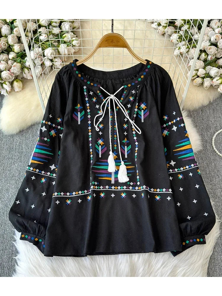 Blusa feminina de outono temperamento elegante vintage camisa bordada 2024 novo estilo boêmio férias top solto BL026