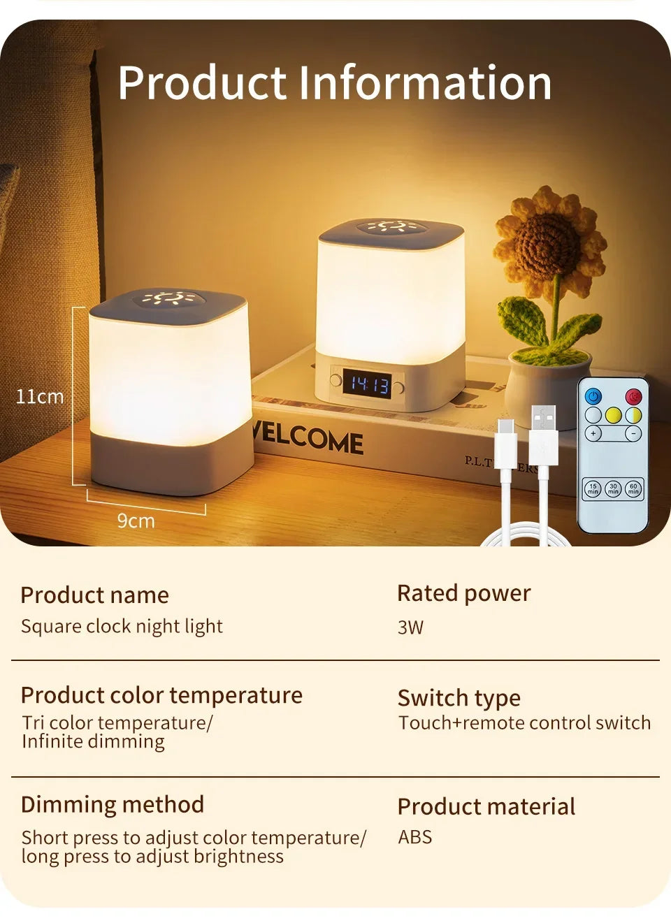 Lâmpada noturna LED com controle remoto e display de hora ou sem proteção para os olhos, lâmpada de leitura, luz noturna de cabeceira recarregável