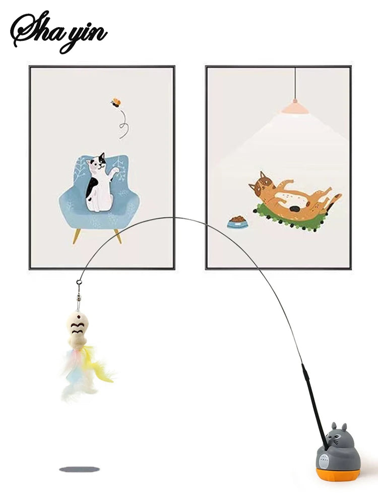 1 peça vara para pesca e provocação de gatos pequenos para animais de estimação, rotação de 360 ​​graus com sinos de penas e vara de provocação de gatos com fio de aço
