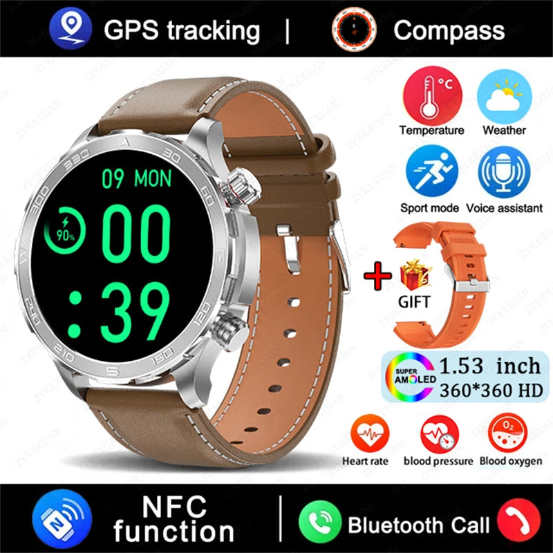 Novo relógio inteligente masculino com GPS e Bluetooth, tela AMOLED HD, frequência cardíaca, NFC, IP68, à prova d'água, esportivo, para Android e iOS, 2025
