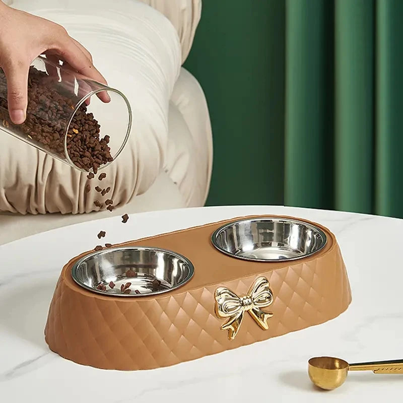 Tigela de comida para gatos com laço e laço para animais de estimação, tigela de PP com base para cães, tigela dupla de aço inoxidável, acessórios para animais de estimação, tigela dupla para alimentação e bebida