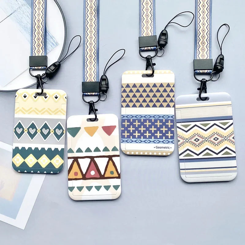 Capa para cartão de identidade estudantil com alça de pescoço, bolsa geométrica feminina masculina, crachá de trabalho, ônibus, porta-cartão de crédito, bolsas com cordão