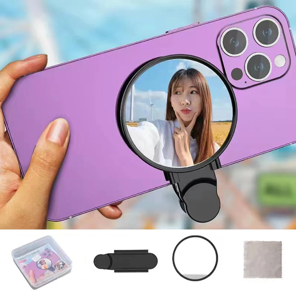 Espelho de anel universal para câmera de celular com luz traseira, refletor para selfies, luz de maquiagem com clipe e bolsa de armazenamento, reflexão HD