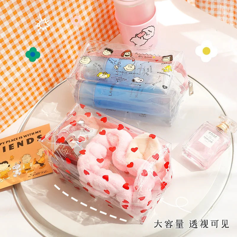 Bolsa de maquiagem feminina Snoopy Outdoor Girl, necessaire transparente, organizadora de viagem, desenho animado, fashion, pequena bolsa para itens de higiene pessoal