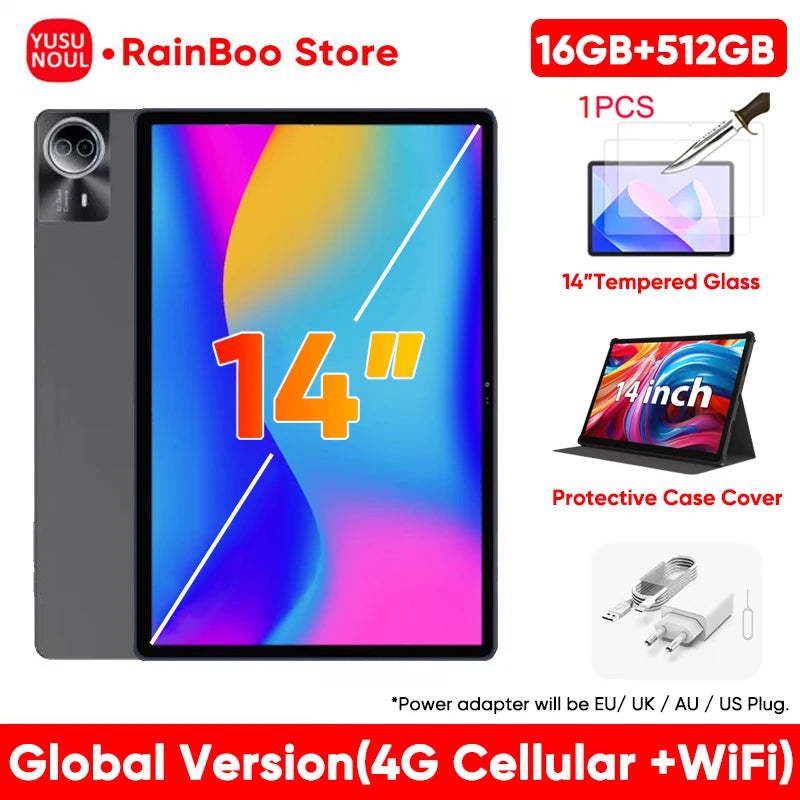 Tablet Android 14 de 14 polegadas com firmware global, tela FHD 2K, 16 GB e 512 GB, novo firmware global de 2025, compatível com Android 14, 5G e Wi-Fi, com suporte para GPS e laptop