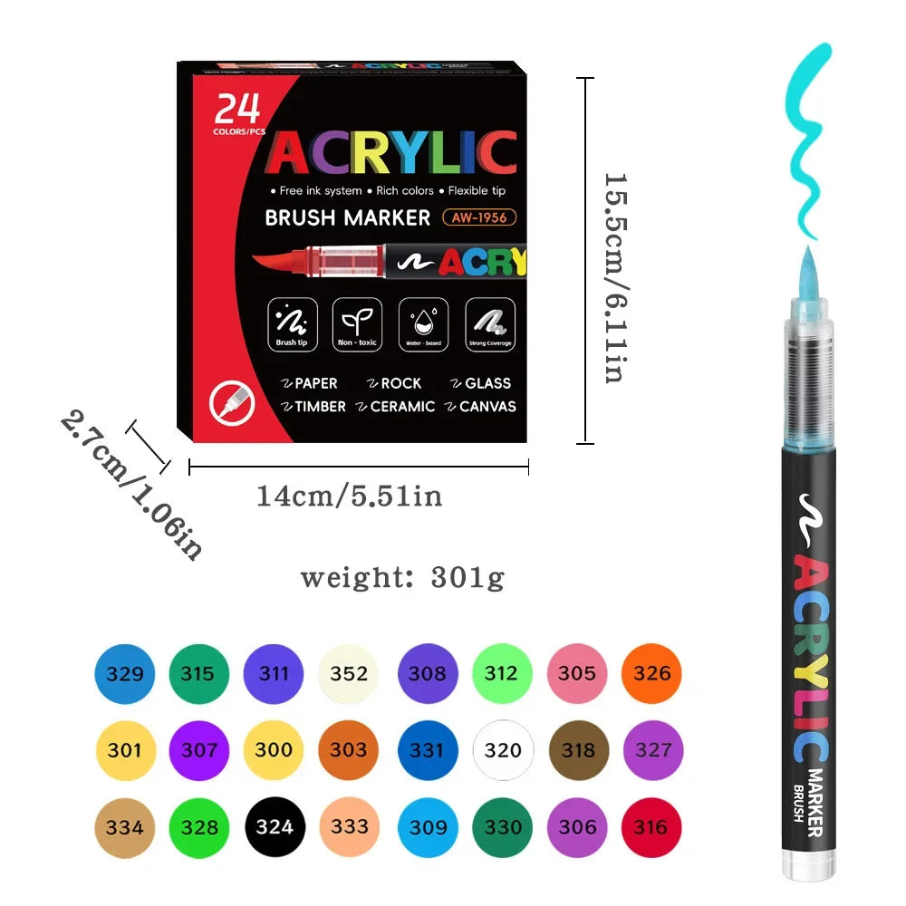 Conjunto de canetas marcadoras acrílicas coloridas, 12 a 48 cores, à prova d'água, para scrapbook, faça você mesmo, ponta de pincel, desenho, tinta, marcador, arte, material escolar, papelaria