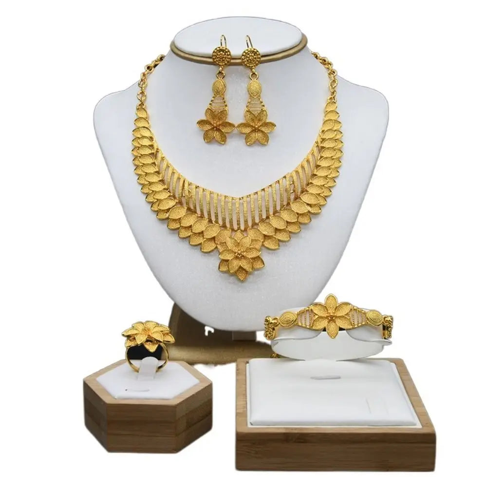 Conjunto de 4 joias indianas banhadas a ouro para noivas, colar/brincos/pulseira/anel, joias luxuosas banhadas a ouro de alta qualidade e duráveis