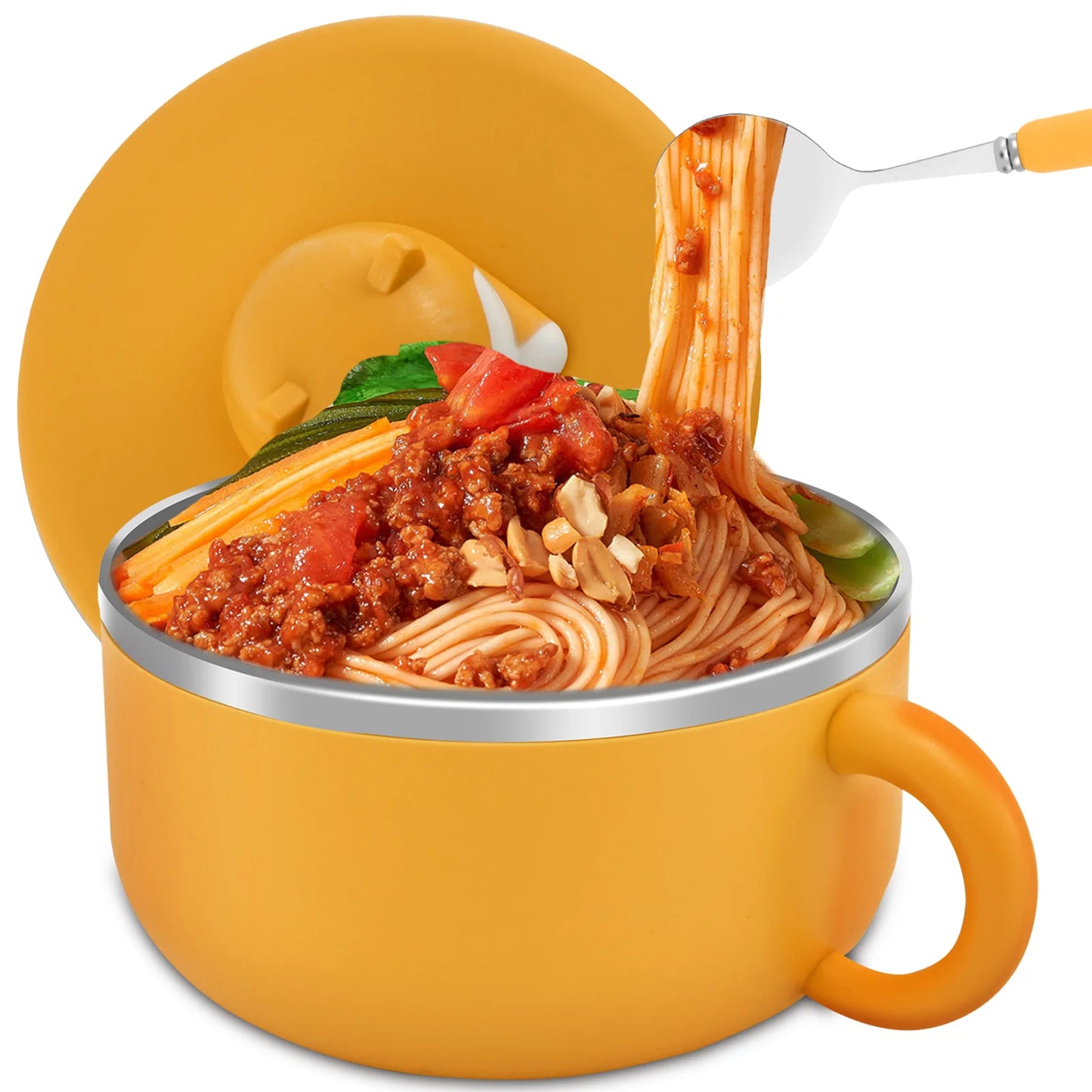 Tigela de macarrão Ramen 1200ml, aço inoxidável 304, com tampa e garfo, resistente ao calor e com alças, para cozinhar