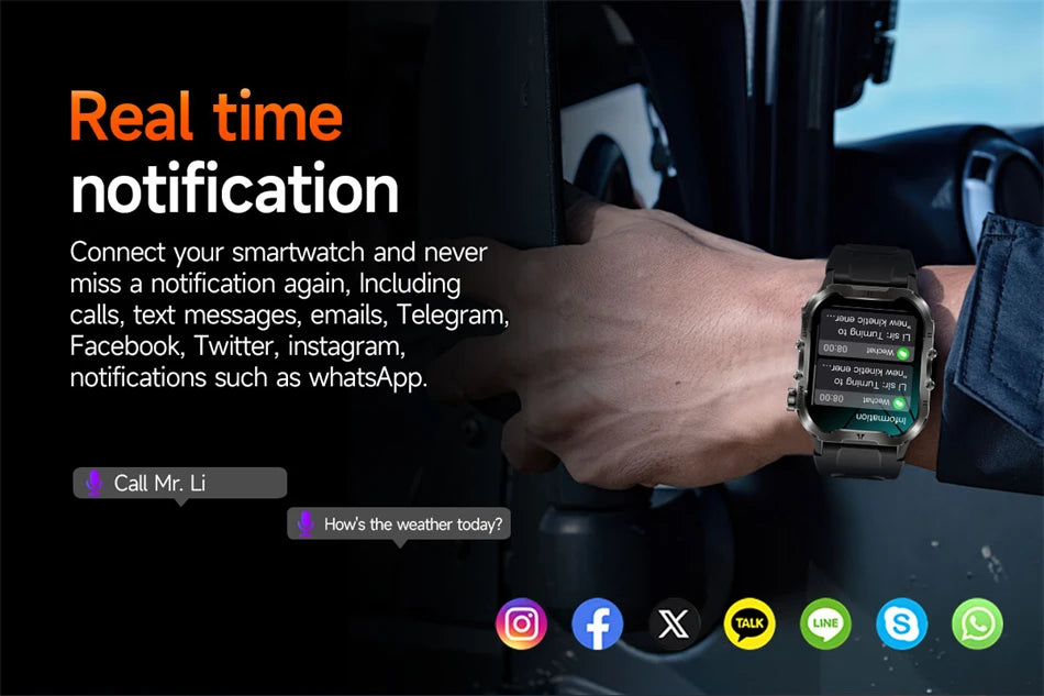 Novo relógio inteligente militar Xiaomi 2024 para homens, esportes ao ar livre, lanterna, fitness, monitor de saúde, 1,96" BT Call Smartwatch