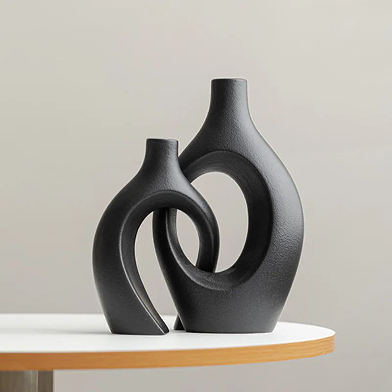 Vaso de cerâmica vazado, 2 para decoração moderna de casa, vaso estilo donut boho, vaso decorativo minimalista preto e branco