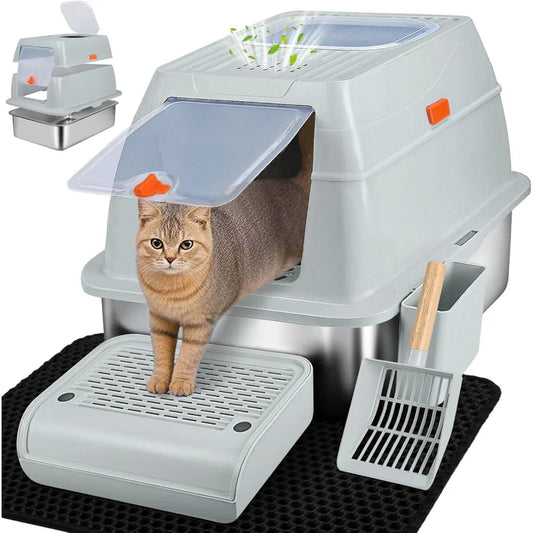 Caixa de areia de aço inoxidável vivificante com tampa, entrada frontal extra grande fechada, caixa de areia extra grande para gatos grandes e gatinhos, saída superior