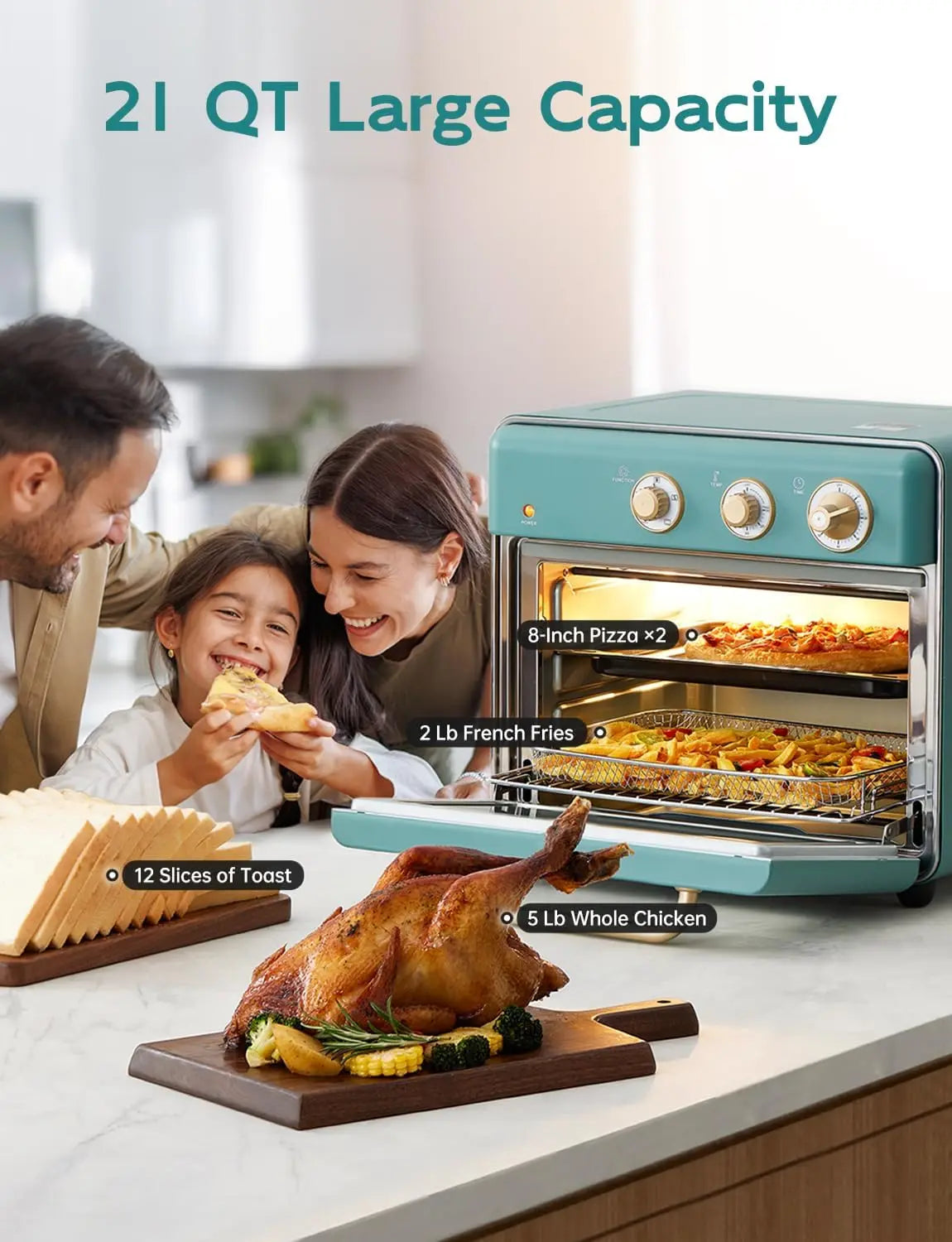[21 QT e 6 em 1] Forno torradeira e fritadeira de ar, fornos torradeira compactos de bancada com 5 fatias, fritadeira de ar de aquecimento rápido de 1500 W