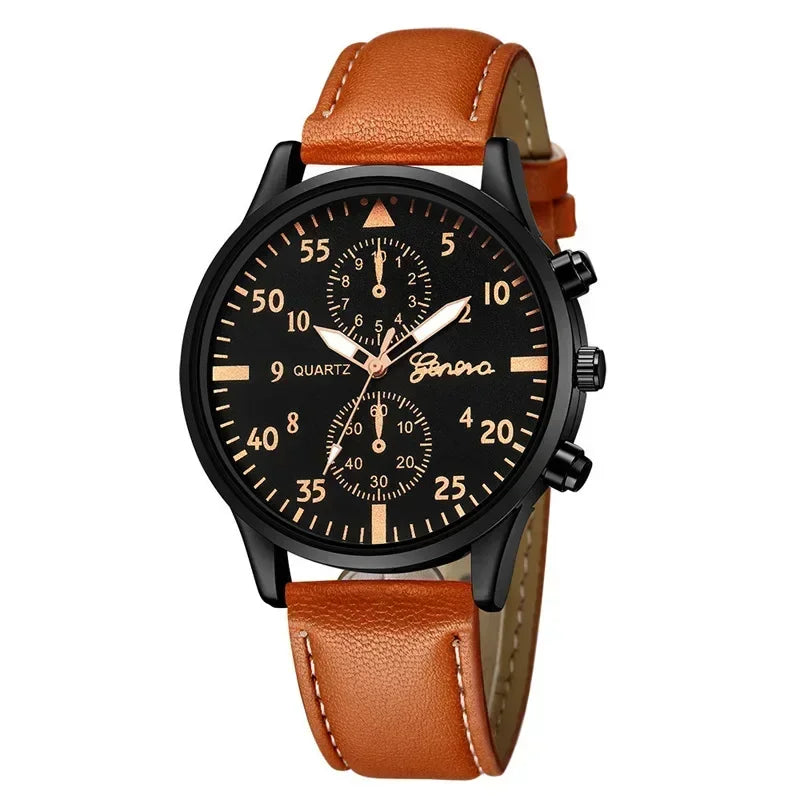 Conjunto de relógios esportivos masculinos 4/2/1 peças, relógio de pulso de quartzo luxuoso com pulseira de couro marrom, relógio casual masculino (sem caixa)