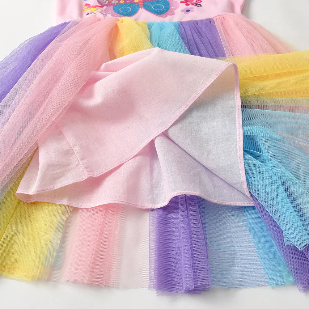 VIKITA Kids Butterfly Flower Print Flare Sleeve Dress Kids Pink Summer Party Vacation Beach Princess Dresses for Kids Clothing