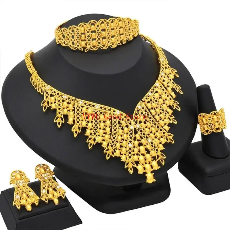 Conjunto de joias florais com strass dourados resistentes, acessório de moda portátil para noivas e festas noturnas