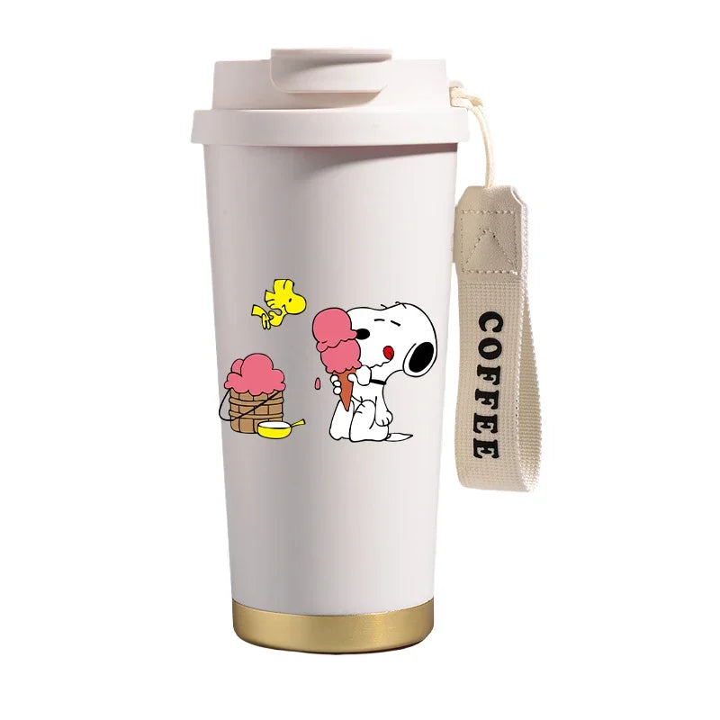 Garrafa térmica de aço inoxidável Snoopys 500ml, anime Kawaii, portátil, viagem, ar livre, carro, chá, café, caneca térmica fria