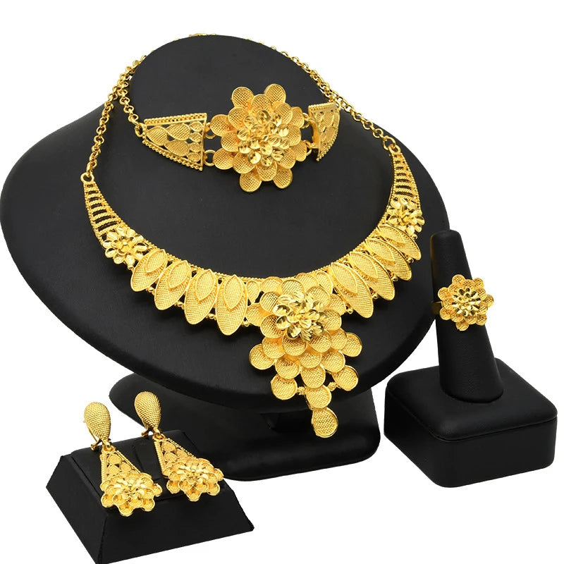 Conjunto de 4 peças banhadas a ouro para noivas, colar, brincos, anel, pulseiras, joias indianas femininas