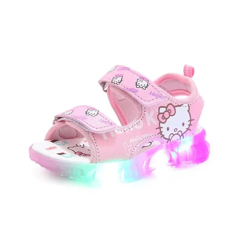 Sandálias infantis com luz LED para bebês meninas, sapatos casuais fofos da Hello Kitty para crianças, calçados antiderrapantes de praia para atividades ao ar livre, verão 2025
