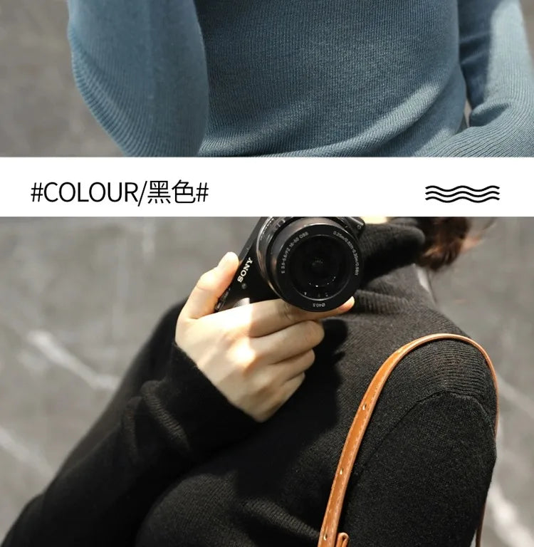 Novo suéter de caxemira feminino outono/inverno 2023, gola alta, suéter ultrafino de lã com pelo