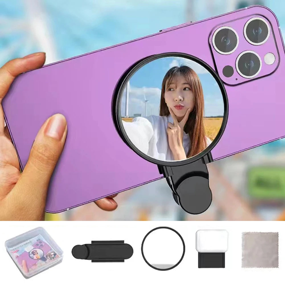 Espelho de anel universal para câmera de celular com luz traseira, refletor para selfies, luz de maquiagem com clipe e bolsa de armazenamento, reflexão HD