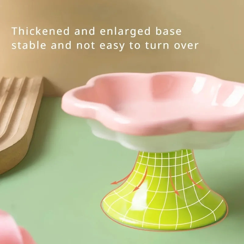 Tigela de cerâmica para animais de estimação com design de flores, tigela para comida de gato, prato de água com pé alto, prato para lanche com suporte para proteção do pescoço, água potável