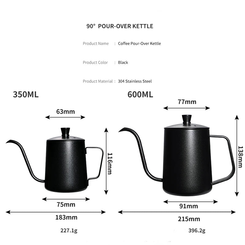 Chaleira de gotejamento de 350ml e 600ml, bule de café e chá, revestimento antiaderente, aço inoxidável de qualidade alimentar, chaleira de gotejamento com pescoço de cisne, boca fina