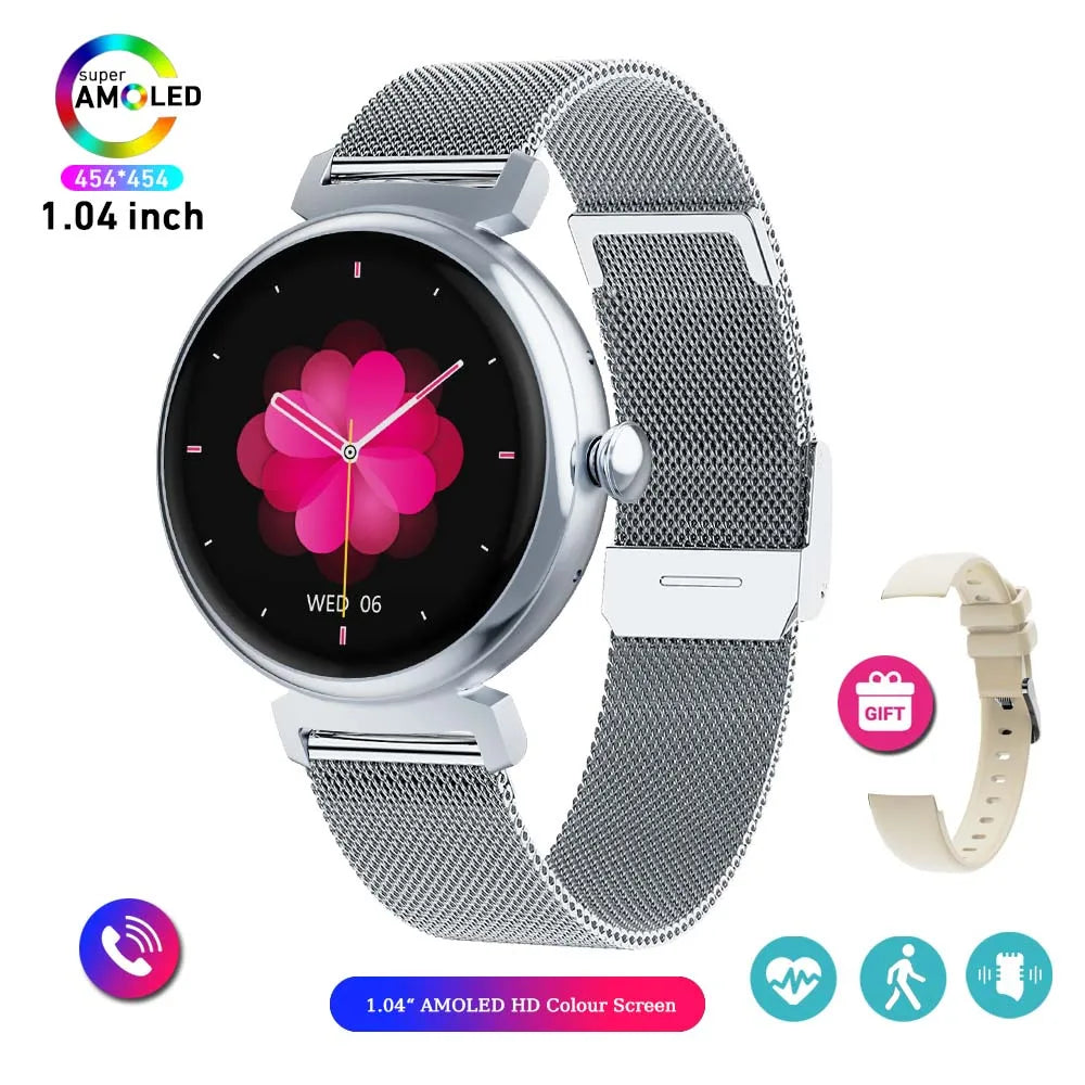 Relógio inteligente feminino moderno com tela AMOLED de 1,04 polegadas, tela sempre exibida, chamada Bluetooth, corpo de metal, tela pequena
