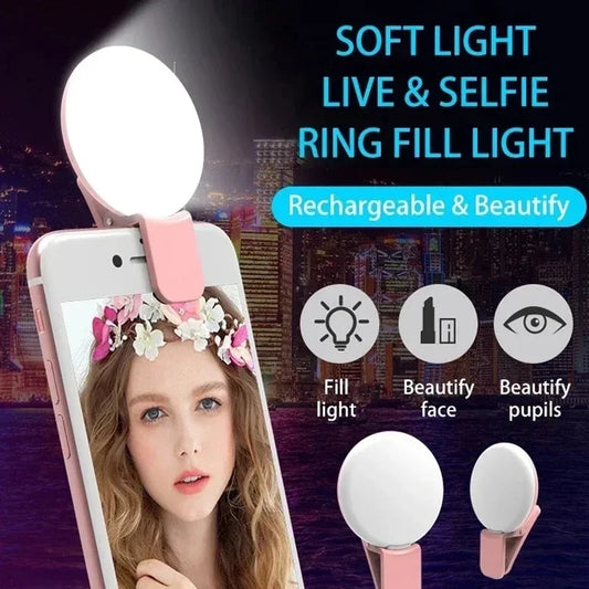 Luz de preenchimento universal para selfies em celulares, lâmpada LED portátil para vídeos ao vivo, acessórios para smartphones e iPhone, luz com clipe de carregamento USB