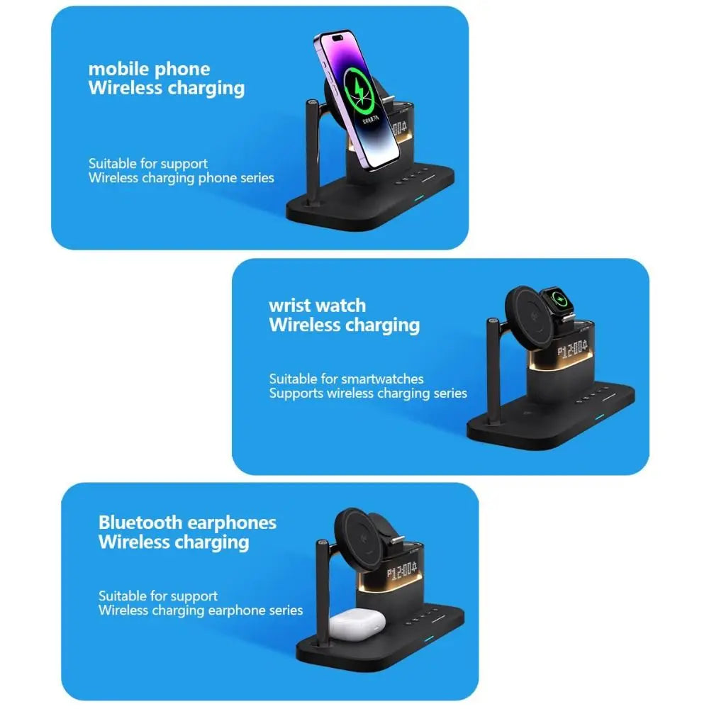 Carregador sem fio Qi2 5 em 1, carregamento rápido de 15 W, suporte magnético com despertador e suporte para carregamento de telefone