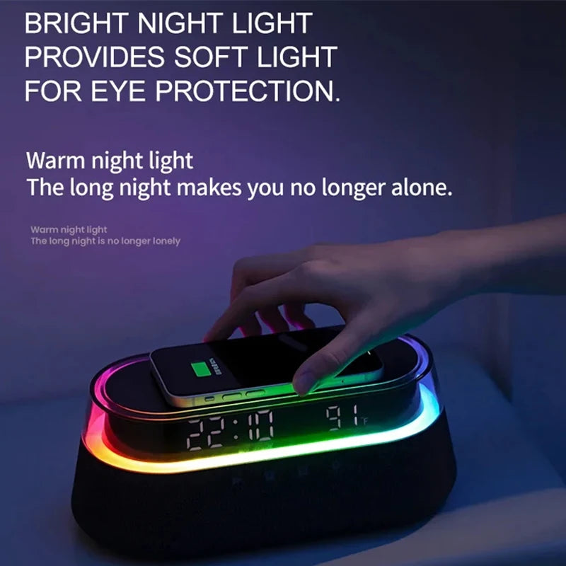 Despertador inteligente 6 em 1 - Carregador sem fio de 15 W, alto-falante Bluetooth, rádio FM, alarme duplo, carregador USB e luz noturna RGB