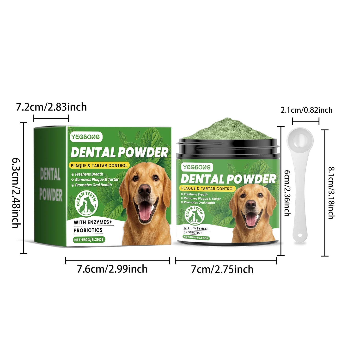 Pó para limpeza de dentes de cachorro Yegbong 150g - Cuidado dental suave para animais de estimação - Remove tártaro, manchas e mau hálito - Clareia os dentes