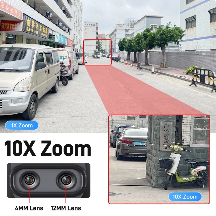 Câmera externa 10K com zoom óptico de 10X WiFi6, tela de 20MP rThree, quatro lentes PTZ, rastreamento automático, lente dupla 6K, à prova d'água, CFTV de segurança