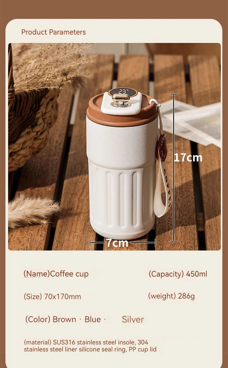 Garrafa térmica de aço inoxidável 450ml, com visor LED de temperatura, para café, mantém frio e quente, caneca térmica para viagem, garrafa térmica a vácuo