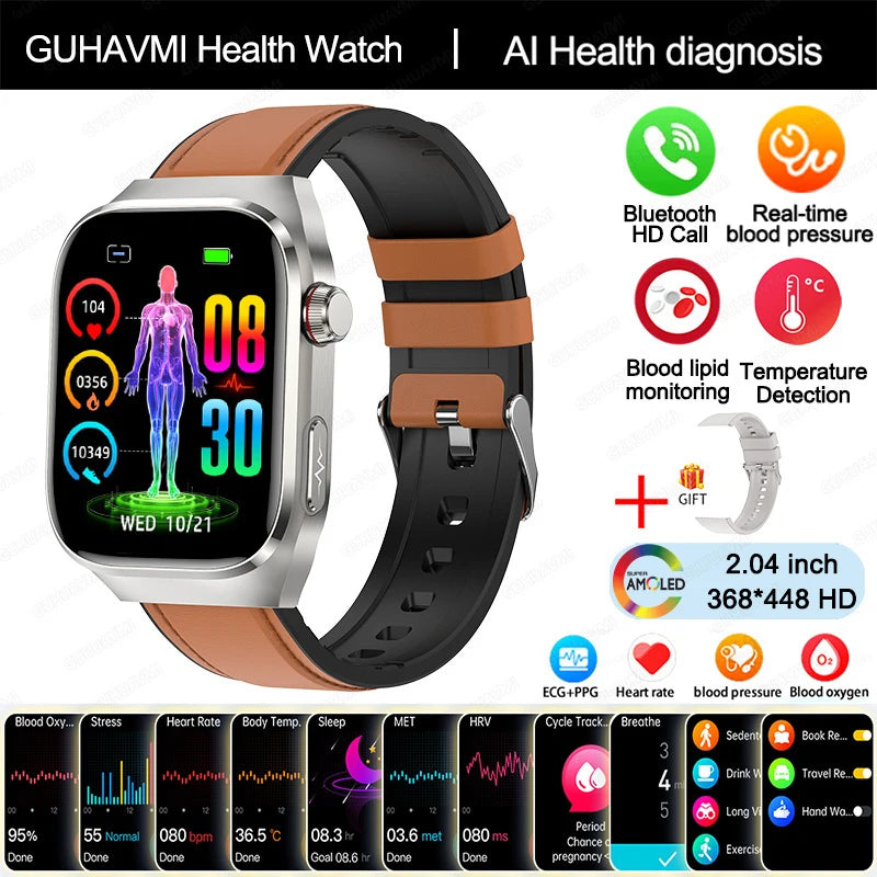 Novo relógio inteligente masculino com diagnóstico de IA e monitoramento de saúde, pressão arterial, ECG, ácido úrico, lipídios, BT Call, relógios inteligentes para HUAWEI