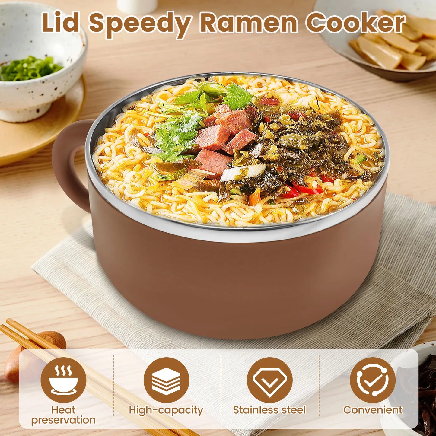 Tigela de Ramen de 1200 ml com tampa, tigela selada para cozinhar Ramen com alça e garfo, tigela de macarrão isolada, tigela prática para servir instantaneamente