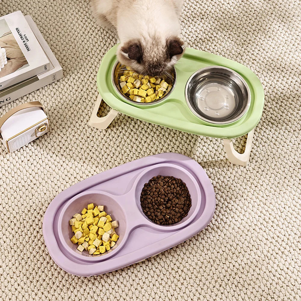 Tigela dupla para animais de estimação: design dobrável elevado para cães e gatos, antiderramamento, grande capacidade, tigela de comida para gatos e prato de alimentação para cães