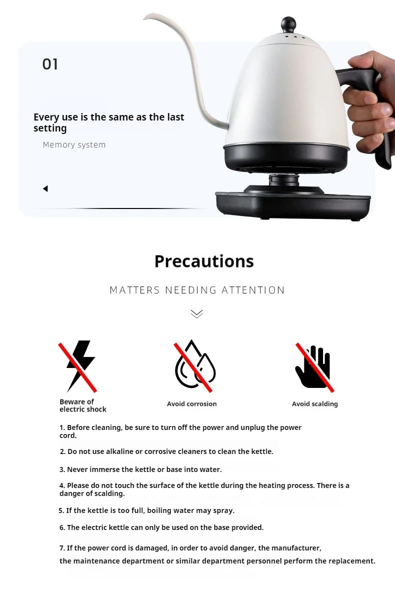 800ml Hand Brew Coffee Pot Intelligent Constant Temperature Electric Kettle Gooseneck Fine-mouth Stainless Steel Teapot Kettles