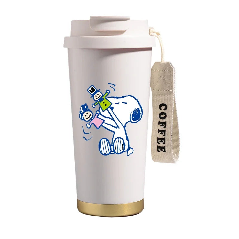 Garrafa térmica de aço inoxidável Snoopys 500ml, anime Kawaii, portátil, viagem, ar livre, carro, chá, café, caneca térmica fria
