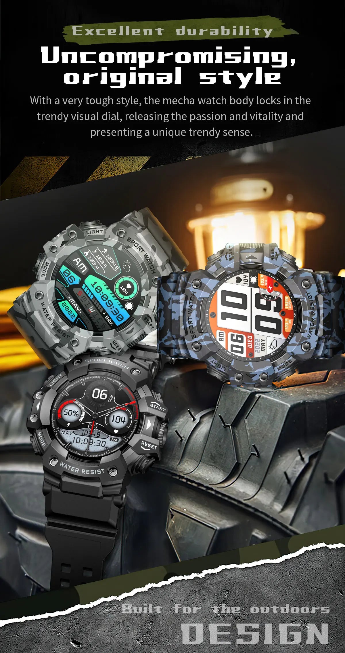 Relógio inteligente esportivo robusto 2025 com Bluetooth, chamadas, relógio inteligente militar à prova d'água e colorido com lanterna SOS COMPASS para telefone