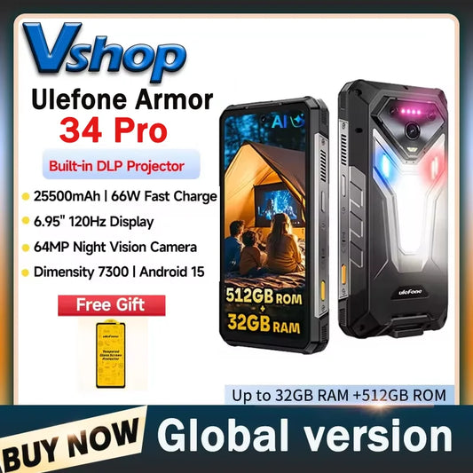 Ulefone Armor 34 Pro 5G, telefone robusto com IA, 32 GB + 512 GB, 25.500 mAh, 6,95" com projetor integrado, 120 Hz, Android 15, MTK 7300, NFC