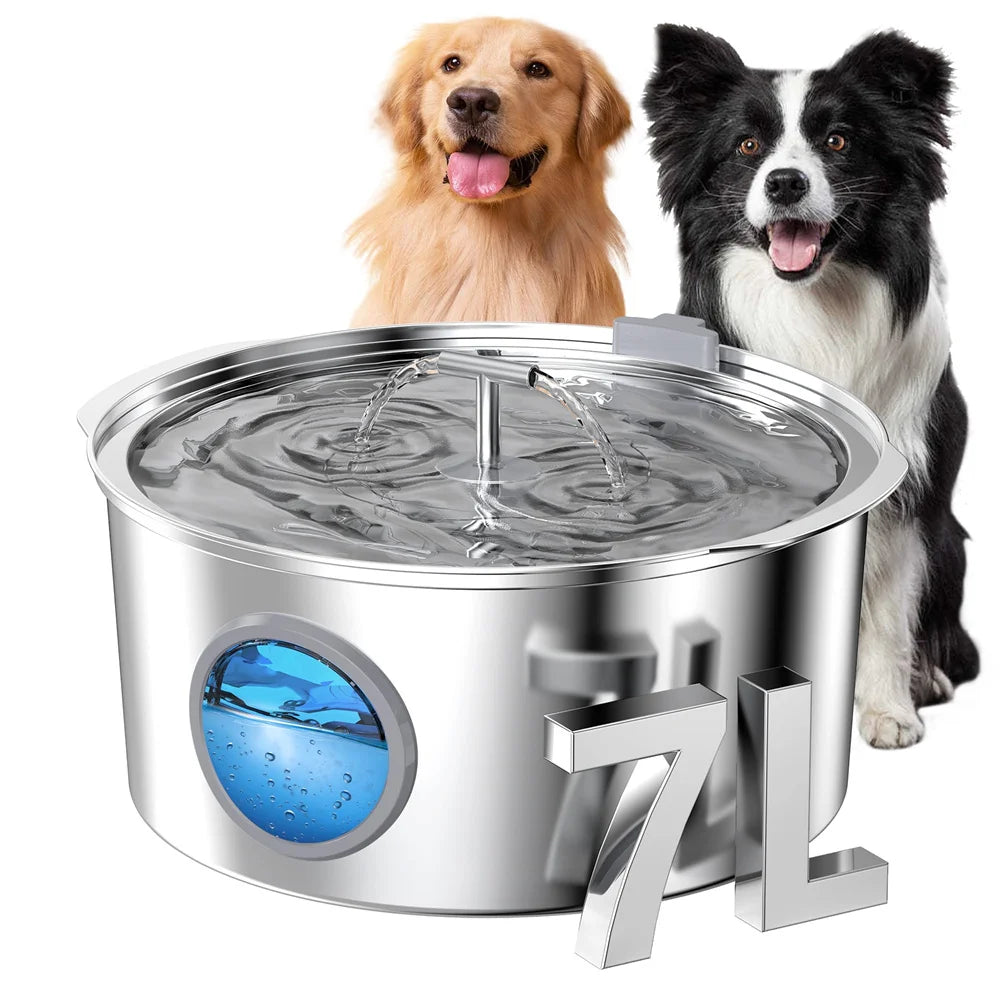 Bebedouro de aço inoxidável de grande capacidade para gatos, cães e animais de estimação, 7L, com janela de nível de água, bomba d'água silenciosa, dispensador com tigela de água USB