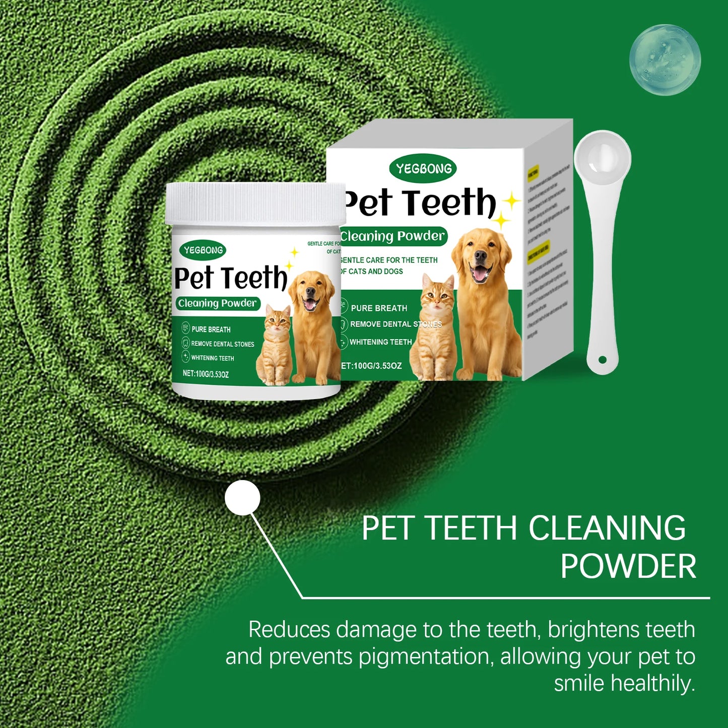 O pó de limpeza para dentes de animais de estimação YEGBONG remove o mau hálito, combate naturalmente o odor de tártaro e mantém o hálito do seu animal de estimação fresco