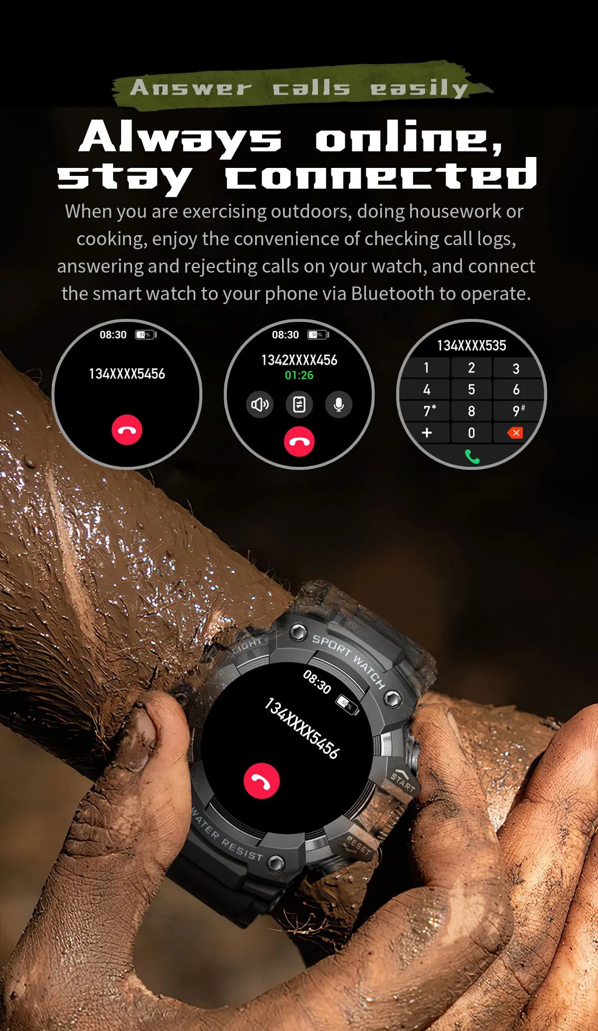 Novo relógio inteligente esportivo robusto para atividades ao ar livre 2025, masculino, com chamada Bluetooth, colorido, IP68, à prova d'água, bússola militar, relógio inteligente, lanterna
