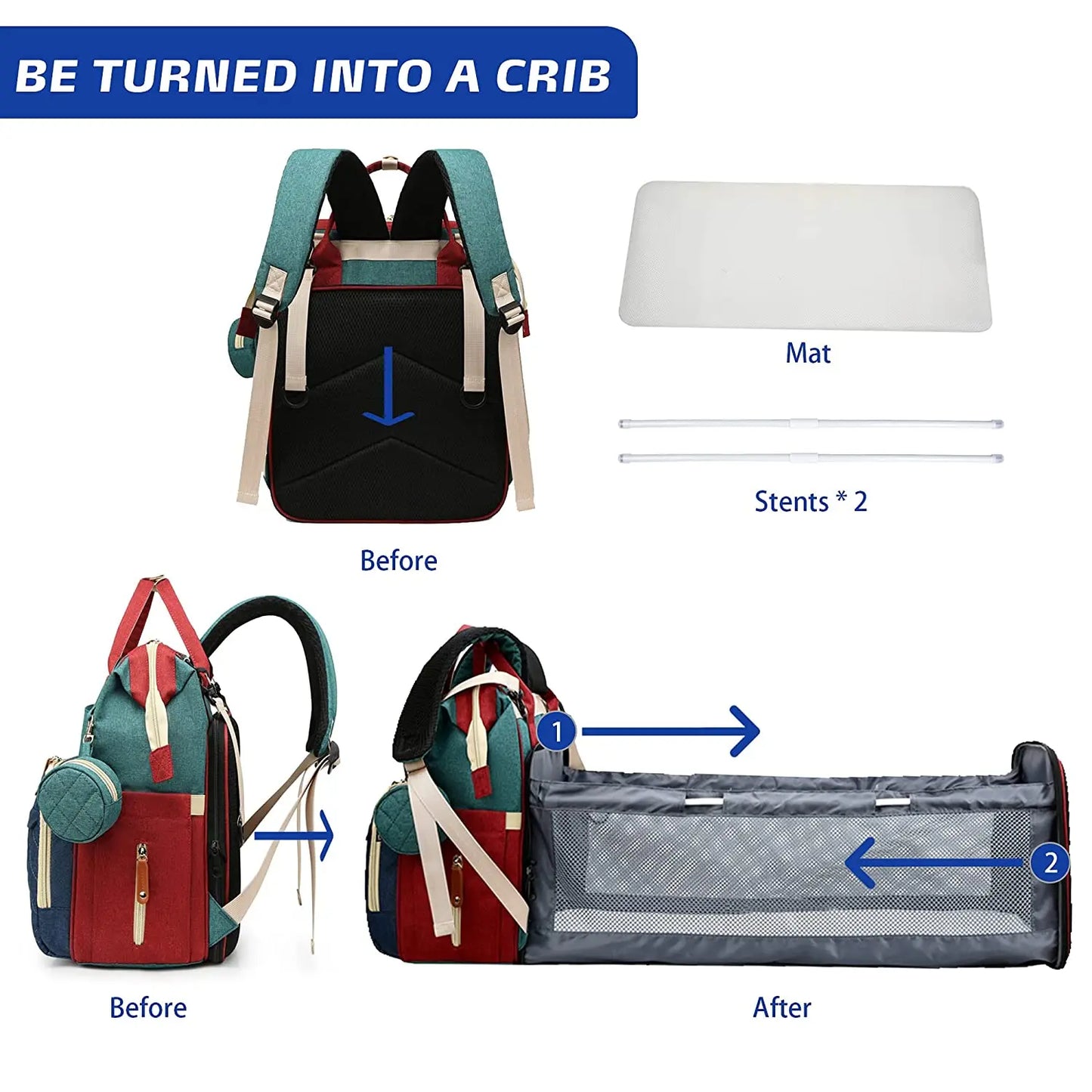 Mochila para fraldas 3 em 1, dobrável, para berço de bebê, à prova d'água, com carregador USB, mochila para fraldas e trocador, 3 tipos
