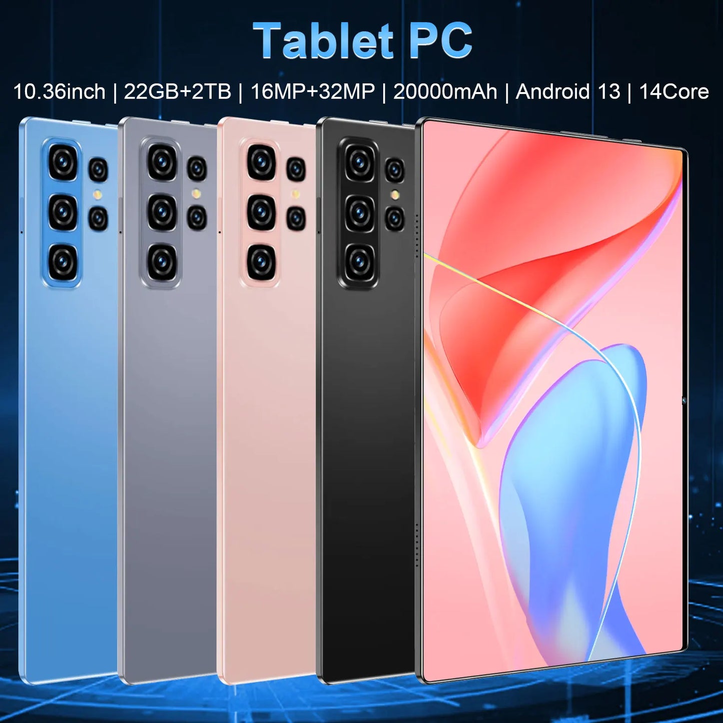 Tablet Android 2025, 20000mAh, 10,36 polegadas, versão global, 22 GB + 2 TB, nova rede, 14 núcleos, Android 13.0, Wi-Fi