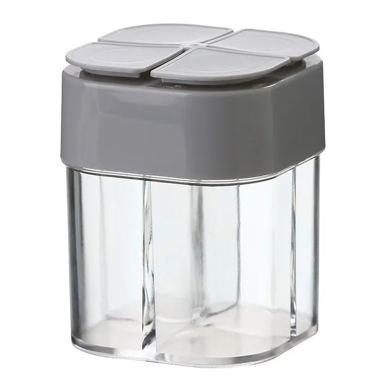 Pote de tempero para acampamento 4 em 1 com tampa, dispensador transparente de especiarias, saleiro e pimenteiro para cozinhar ao ar livre com 4 compartimentos