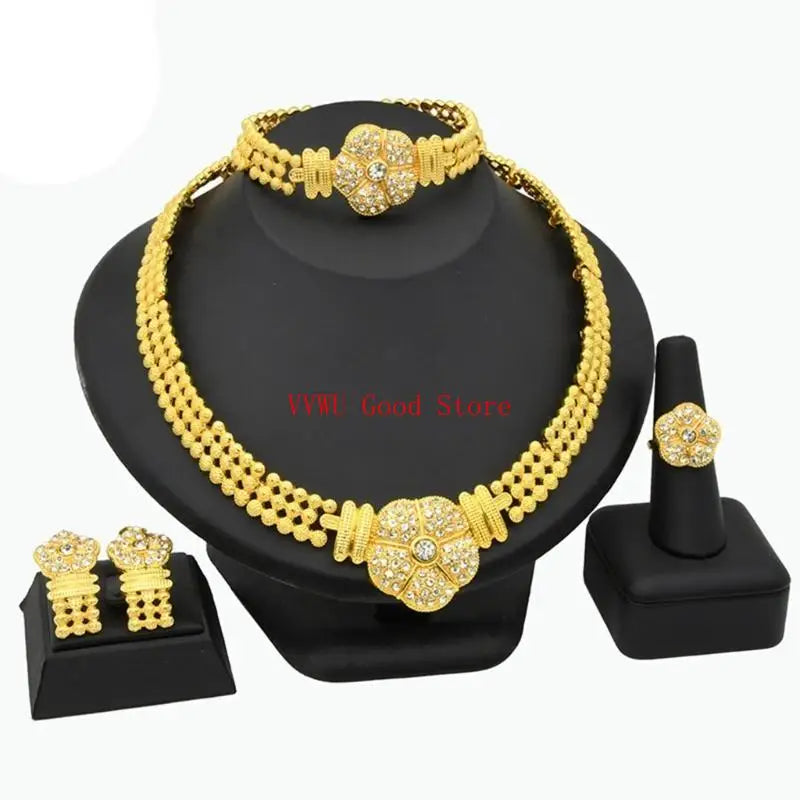 Conjunto de joias florais com strass dourados resistentes, acessório de moda portátil para noivas e festas noturnas