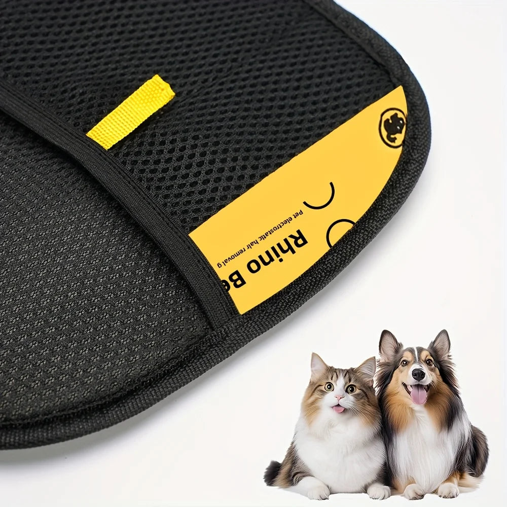 Luvas grandes para remoção de pelos estáticos de animais de estimação - Luvas pretas de polipropileno para tosa de gatos com detalhes em amarelo