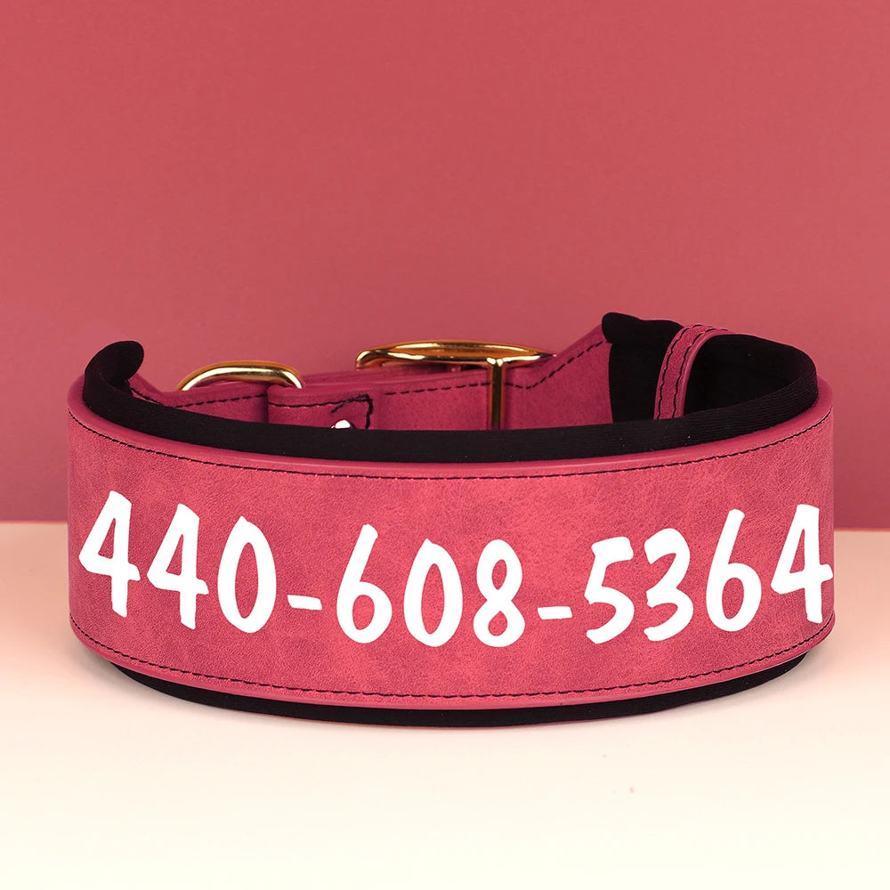 Coleira de couro personalizada para cães, coleira de identificação larga e acolchoada personalizada, nome e número impressos gratuitamente para cães de médio e grande porte, como Greyhound