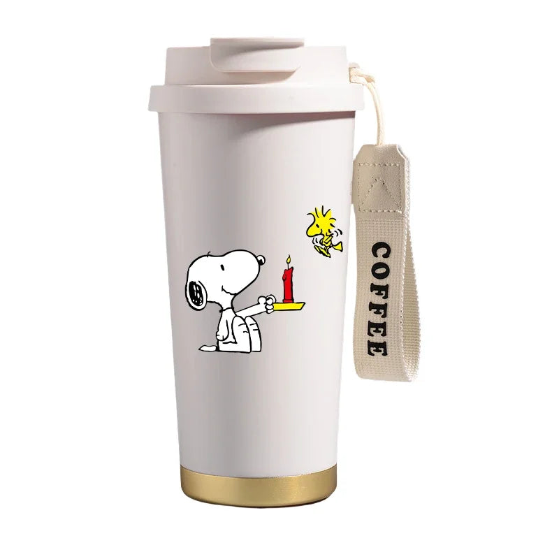 Garrafa térmica de aço inoxidável Snoopys 500ml, anime Kawaii, portátil, viagem, ar livre, carro, chá, café, caneca térmica fria